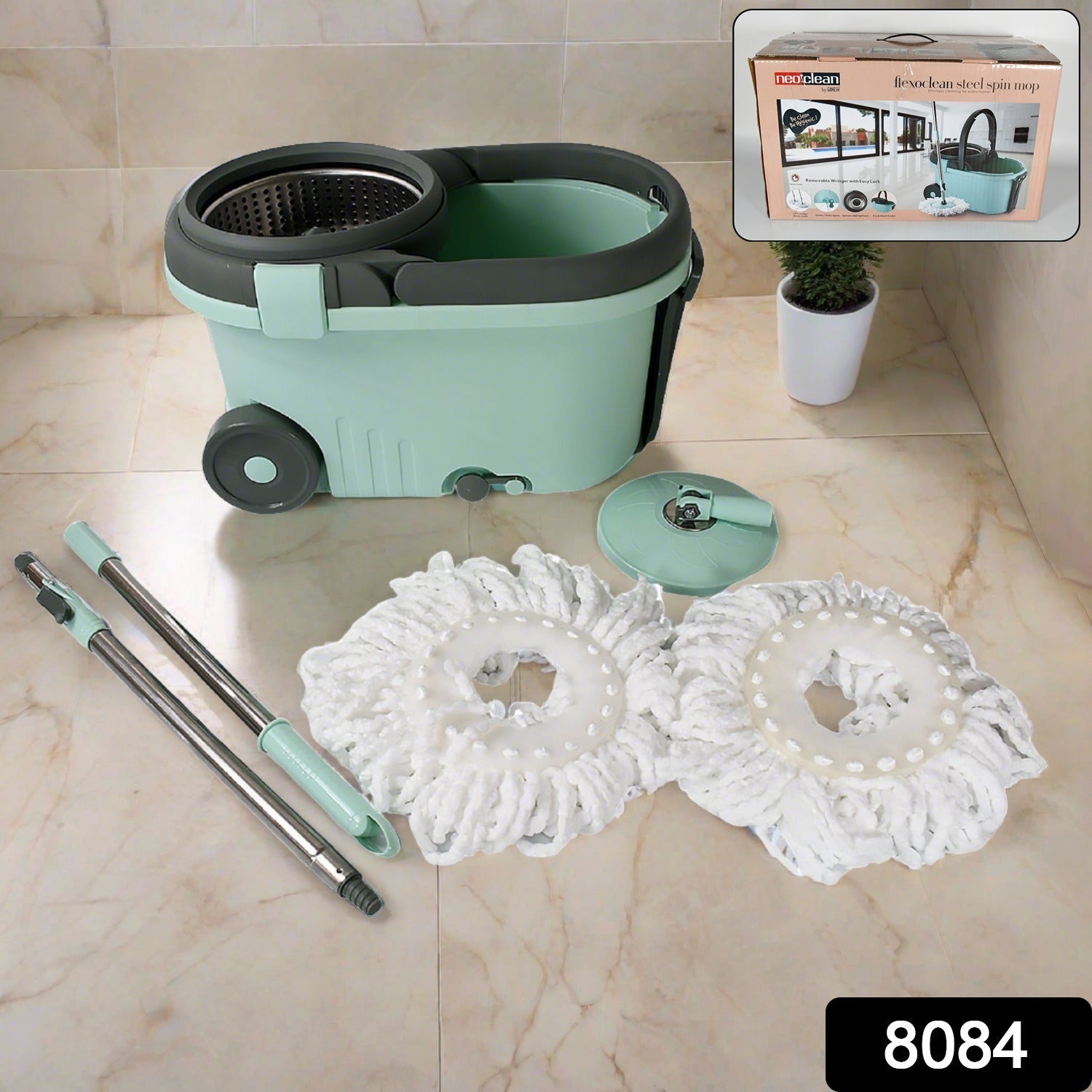 8084 Ganesh Quick Spin Mop Steel Spin, Bucket Floor Cleaning, Easy Wheels & Big Bucket, Floor Cleaning Mop With Bucket, 2 Micro fiber head / Refill 8084 Ganesh Quick Spin Mop Steel Spin, Bucket Floor Cleaning, Easy Wheels & Big Bucket, Floor Cleaning Mop With Bucket, 2 Micro fiber head / Refill